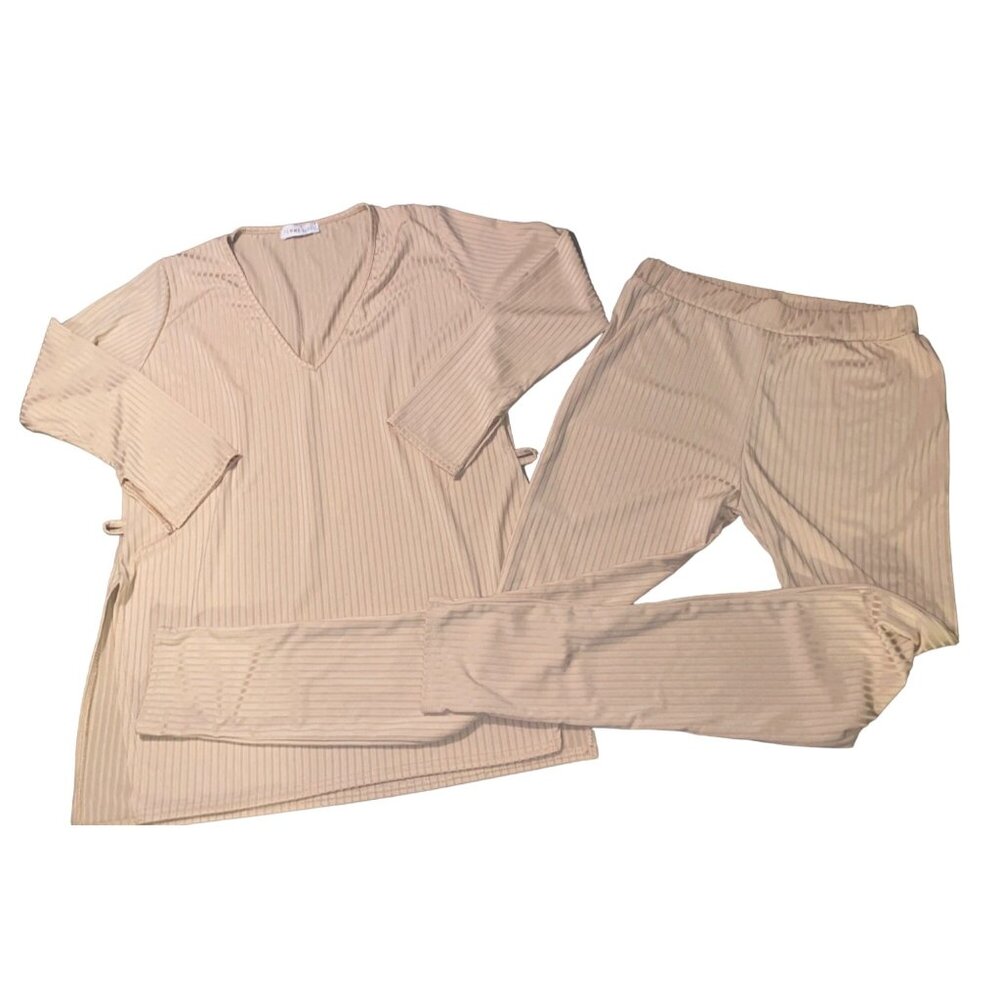 Femme Luxe Ribbed Beige Lounge Set M V Neck Top Long Sleeves Elastic Waist Pants